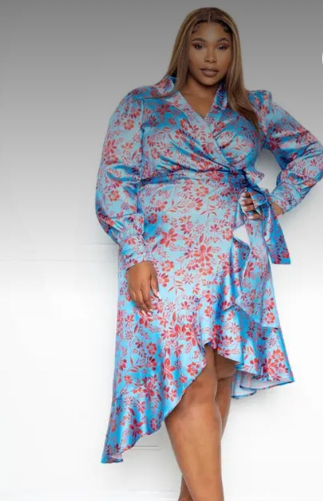 Printed Satin Wrap Dress